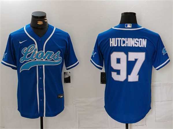 Men%27s Detroit Lions #97 Aidan Hutchinson Blue Cool Base Stitched Baseball Jersey